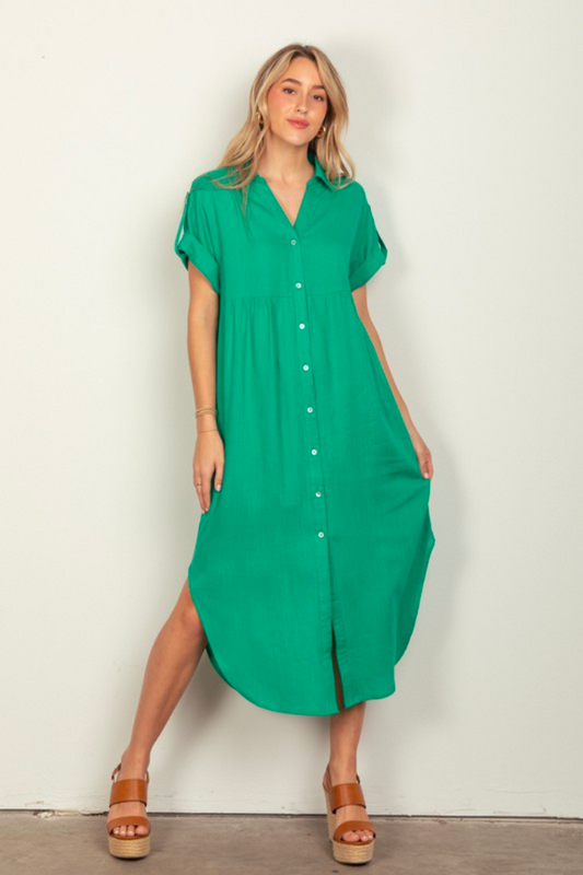 Solid Linen Woven Midi Dress Green