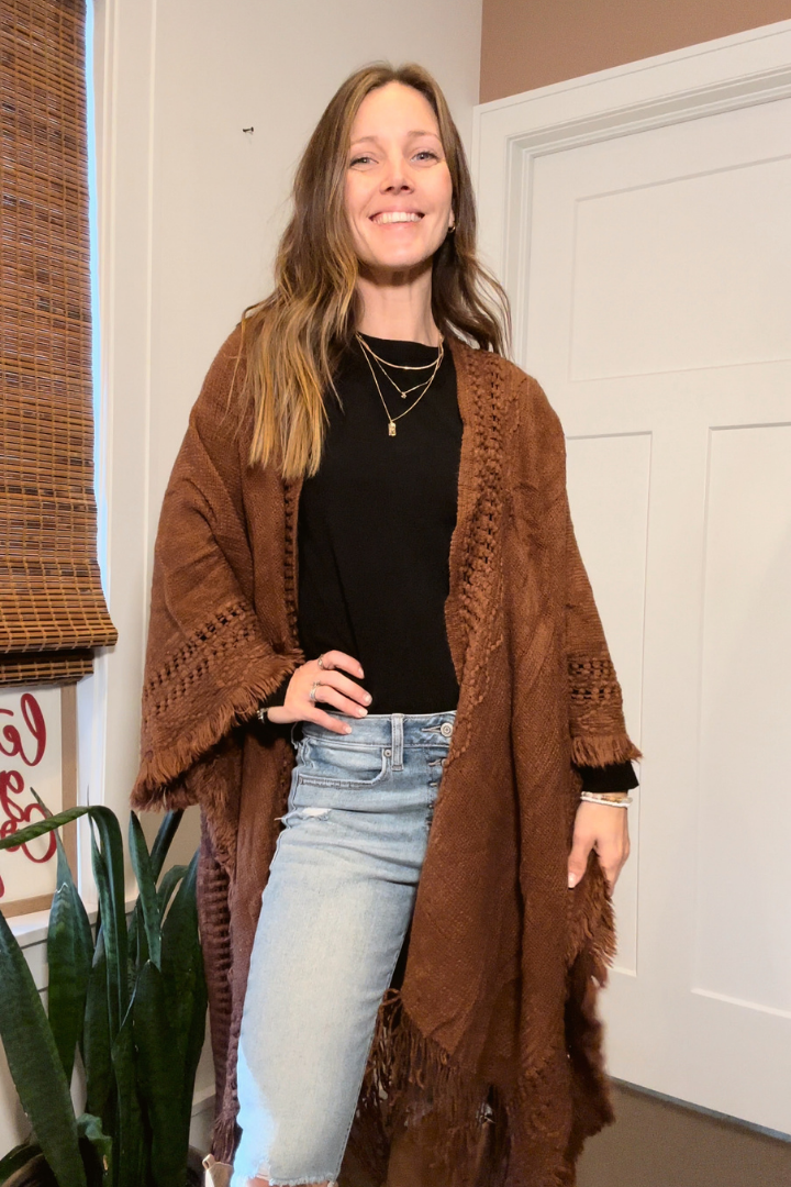 Brown Fringe Hem Boho Ruana