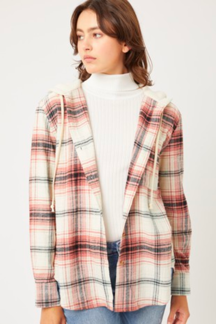 Plaid Hooded Button Down Shirt