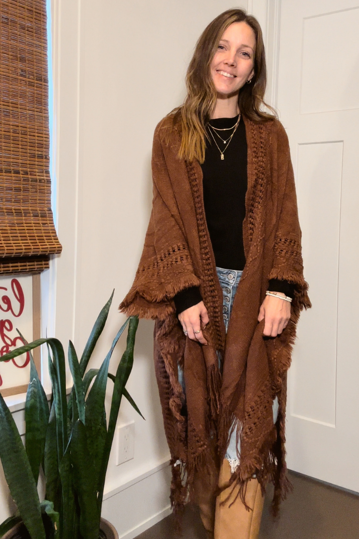 Brown Fringe Hem Boho Ruana