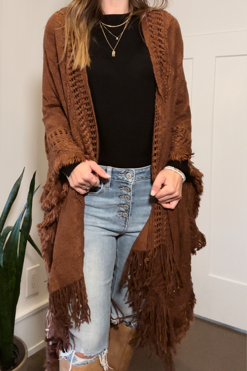Brown Fringe Hem Boho Ruana