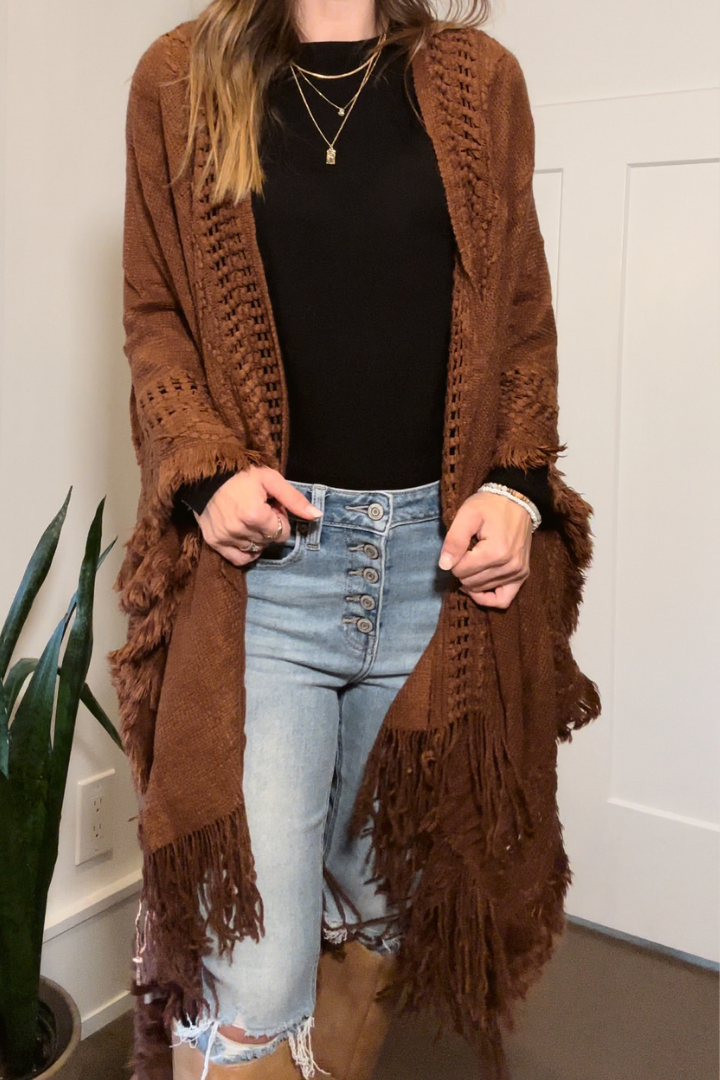 Brown Fringe Hem Boho Ruana
