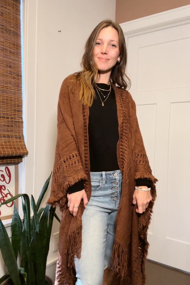 Brown Fringe Hem Boho Ruana