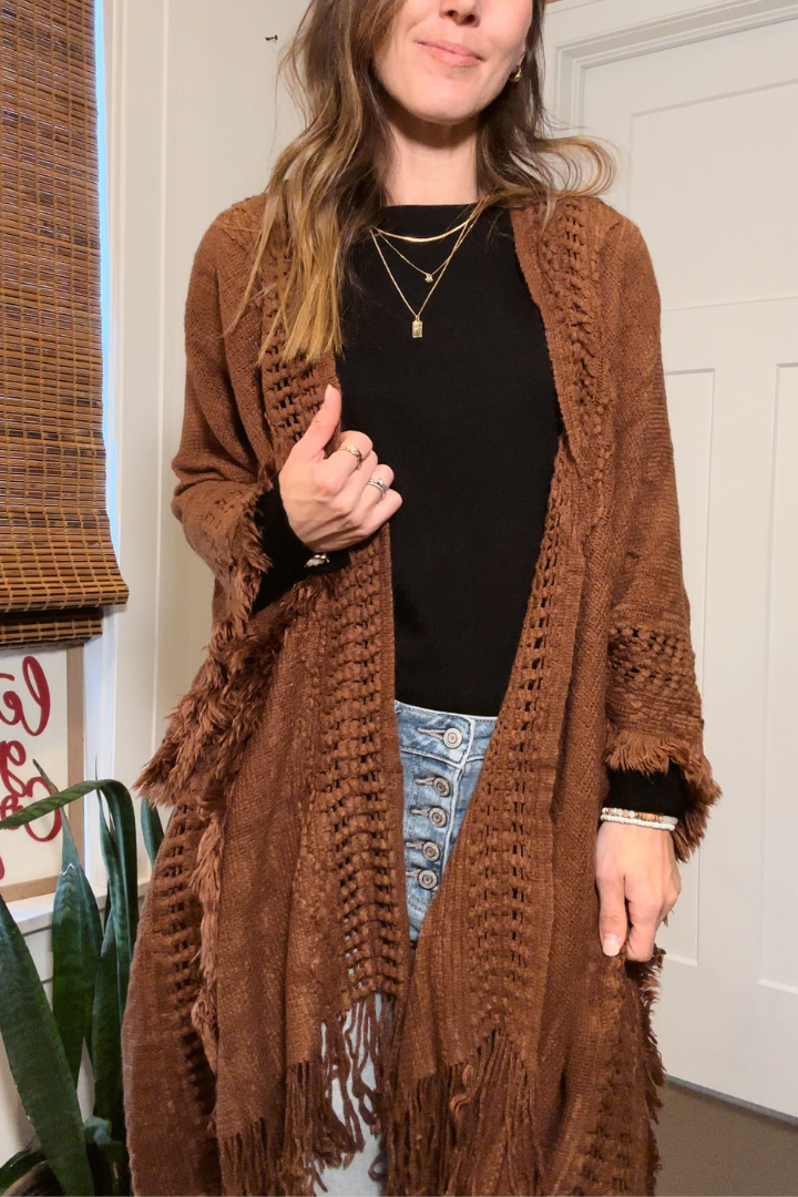Brown Fringe Hem Boho Ruana