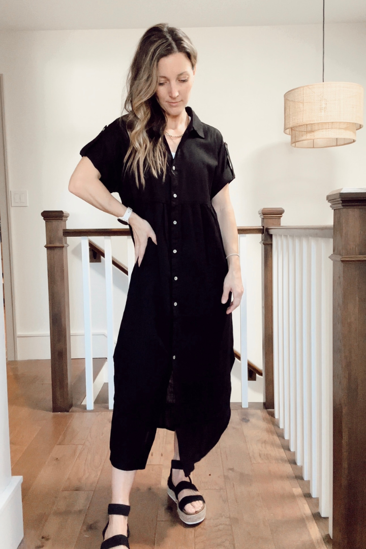 Solid Linen Woven Midi Dress Black
