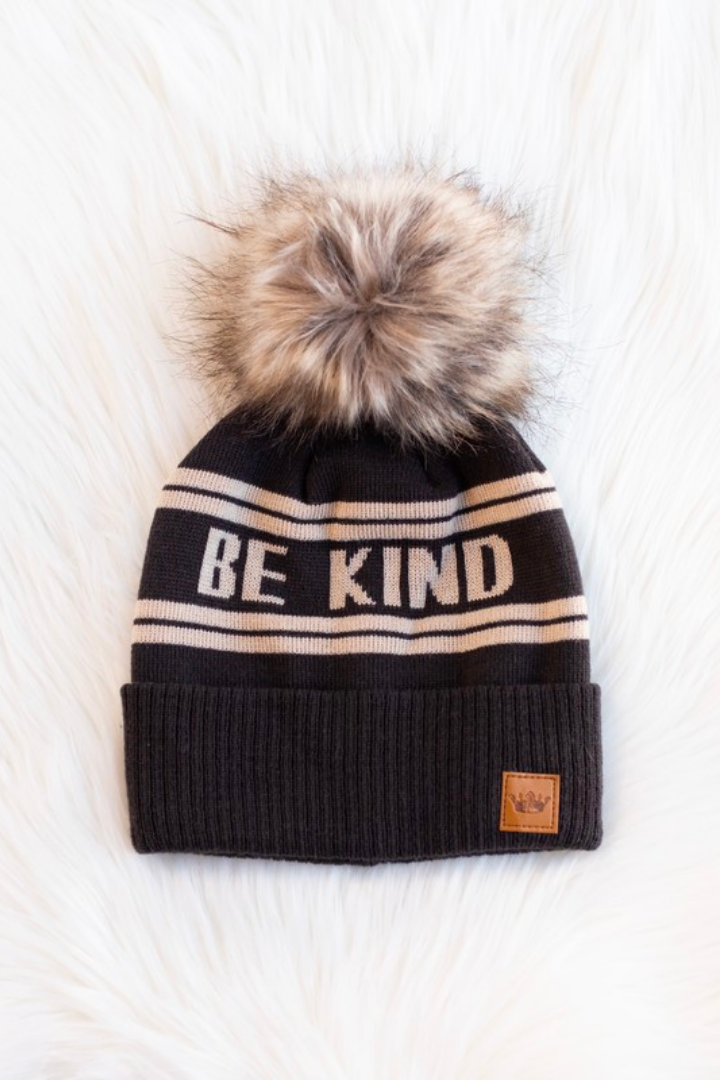 Grey Brown Be Kind Beanie with Pom