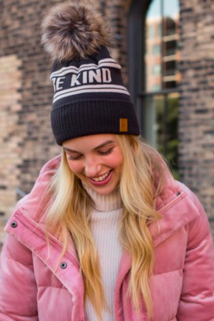 Grey Brown Be Kind Beanie with Pom