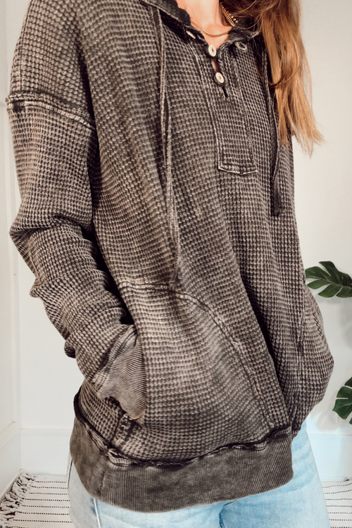 Ash Black Mineral Wash Waffle Hooded Top