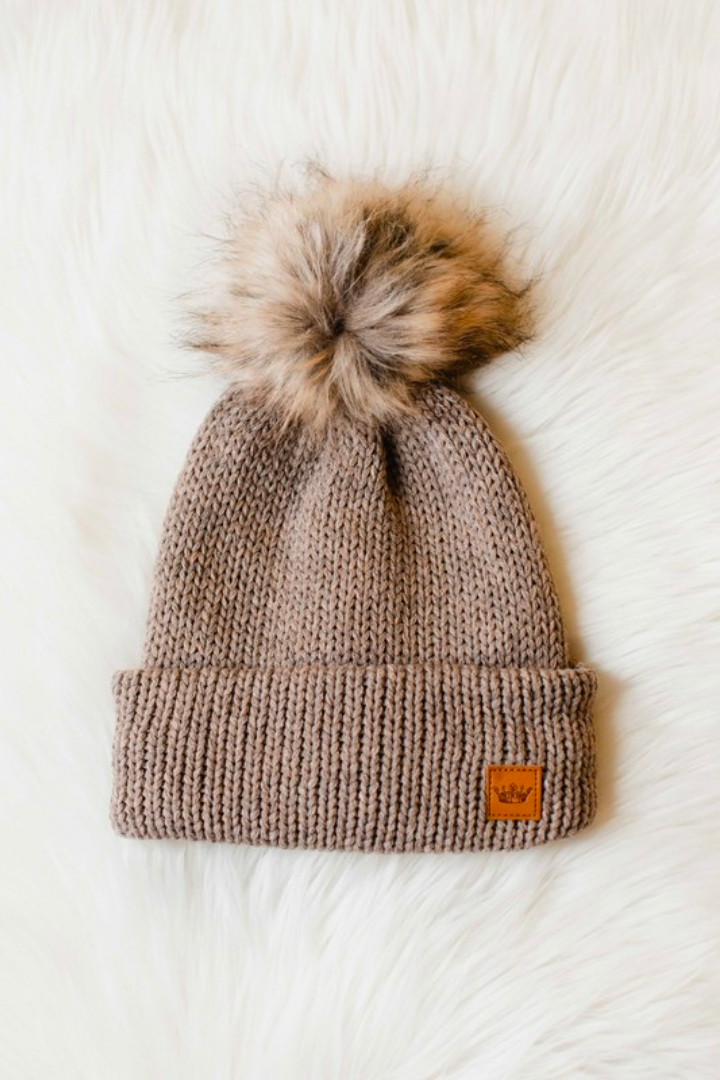 Mocha Cable Knit Pom Beanie