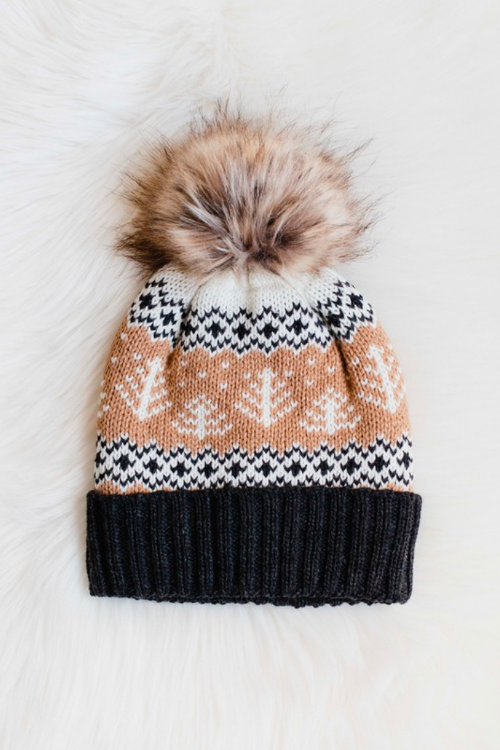 Tan, White & Charcoal Winter Pattern Pom Beanie