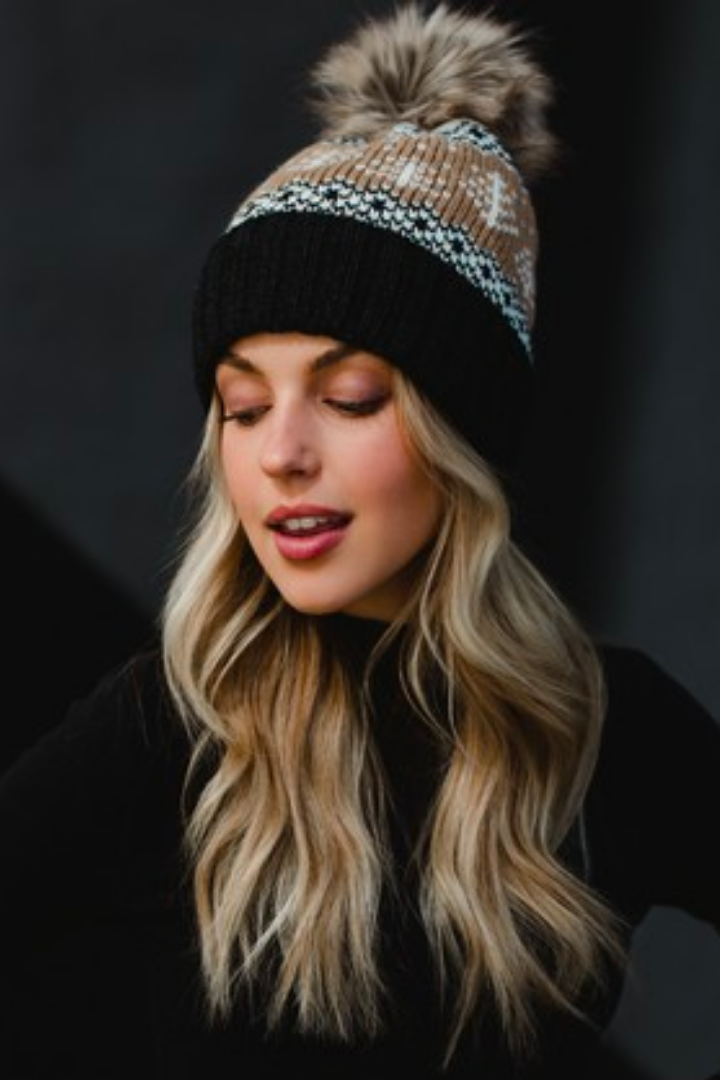 Tan, White & Charcoal Winter Pattern Pom Beanie