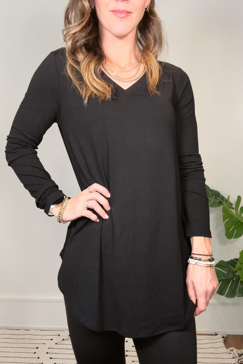 Long Sleeve Round Hem Top Black