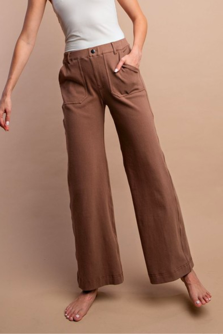 Mocha Wide Leg Cotton Twill Pants