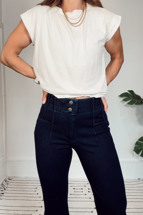 Dark Denim Cotton Stretch Flared Pants