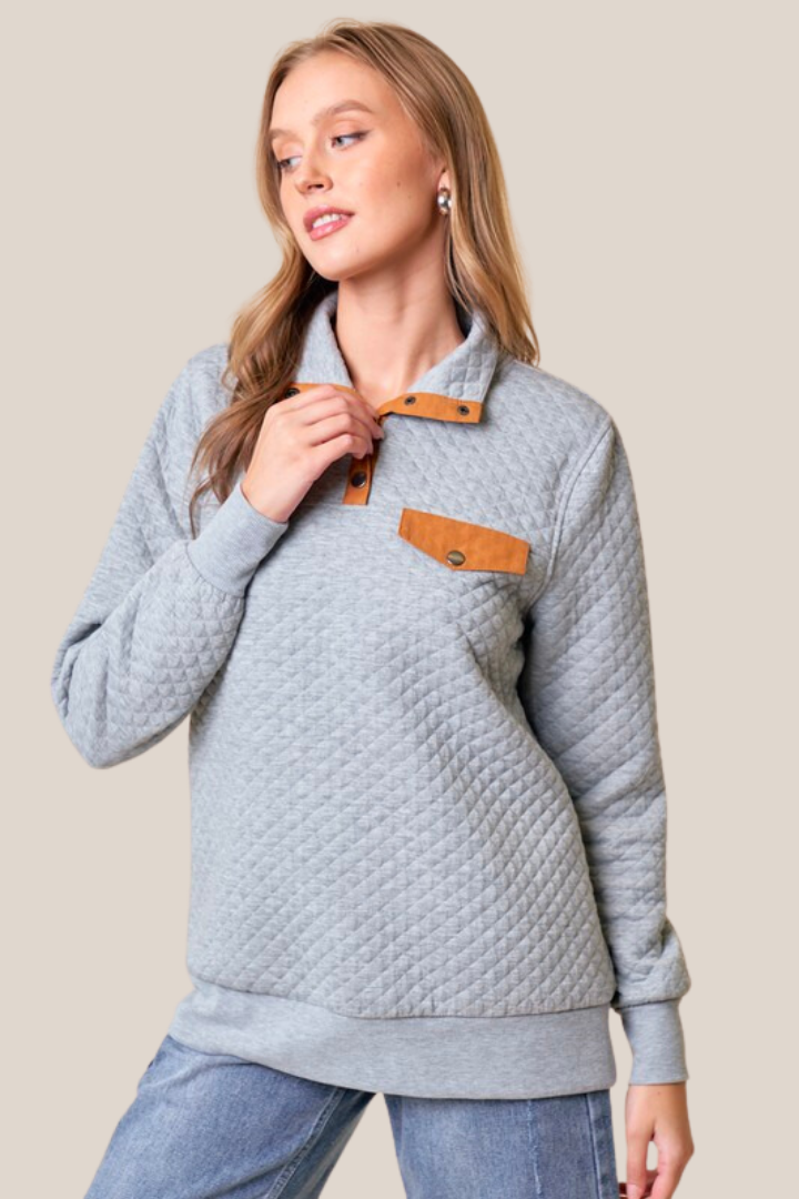 Grey Quilted Half Snap Pullover