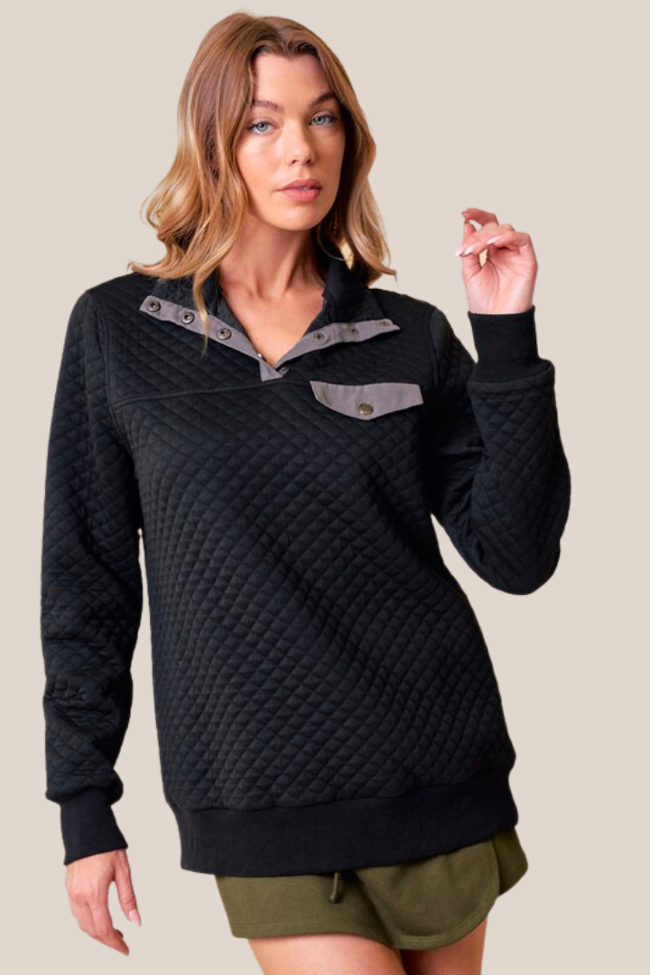 Black Quilted Half Snap Pullover