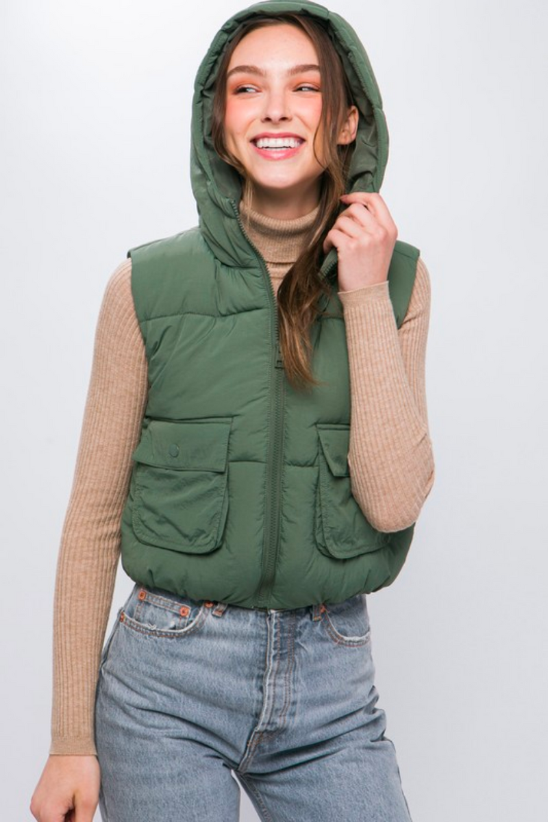 Olive Hooded Puff Vest