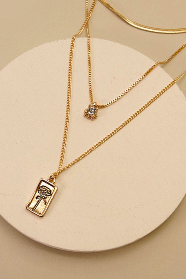 Rectangle Flower Pendant Multi Chain Necklace