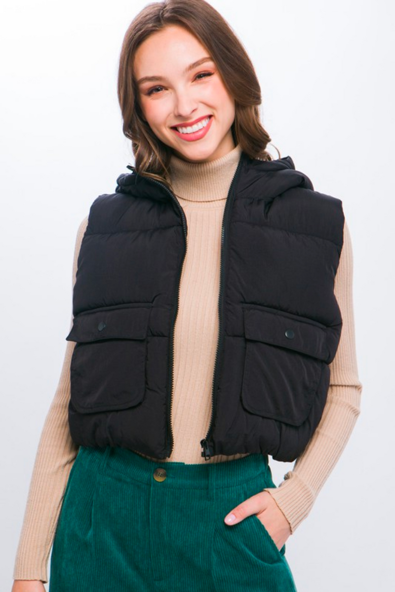 Black Hooded Puff Vest