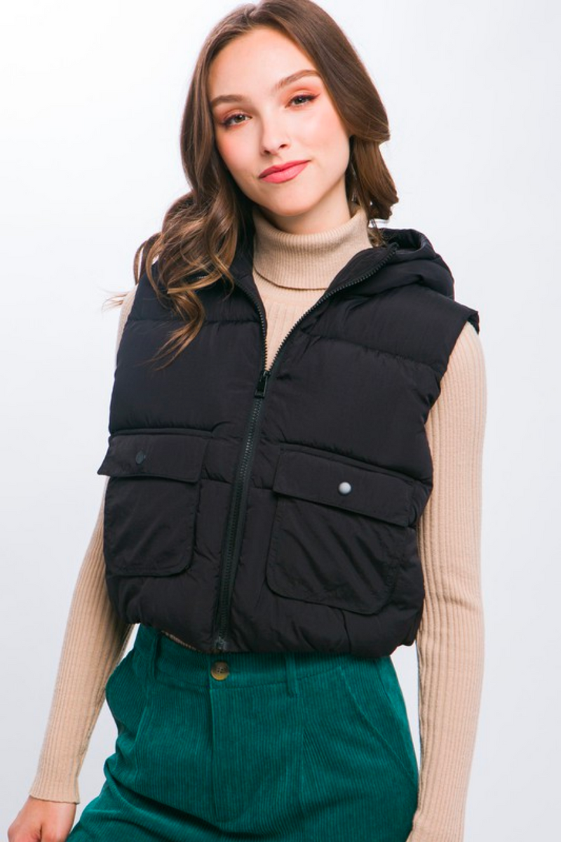 Black Hooded Puff Vest