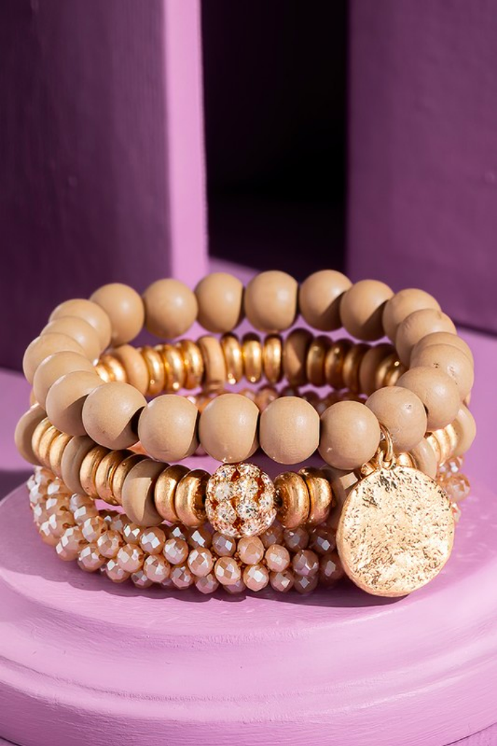 Nude Bracelet Stack with Hammered Charm
