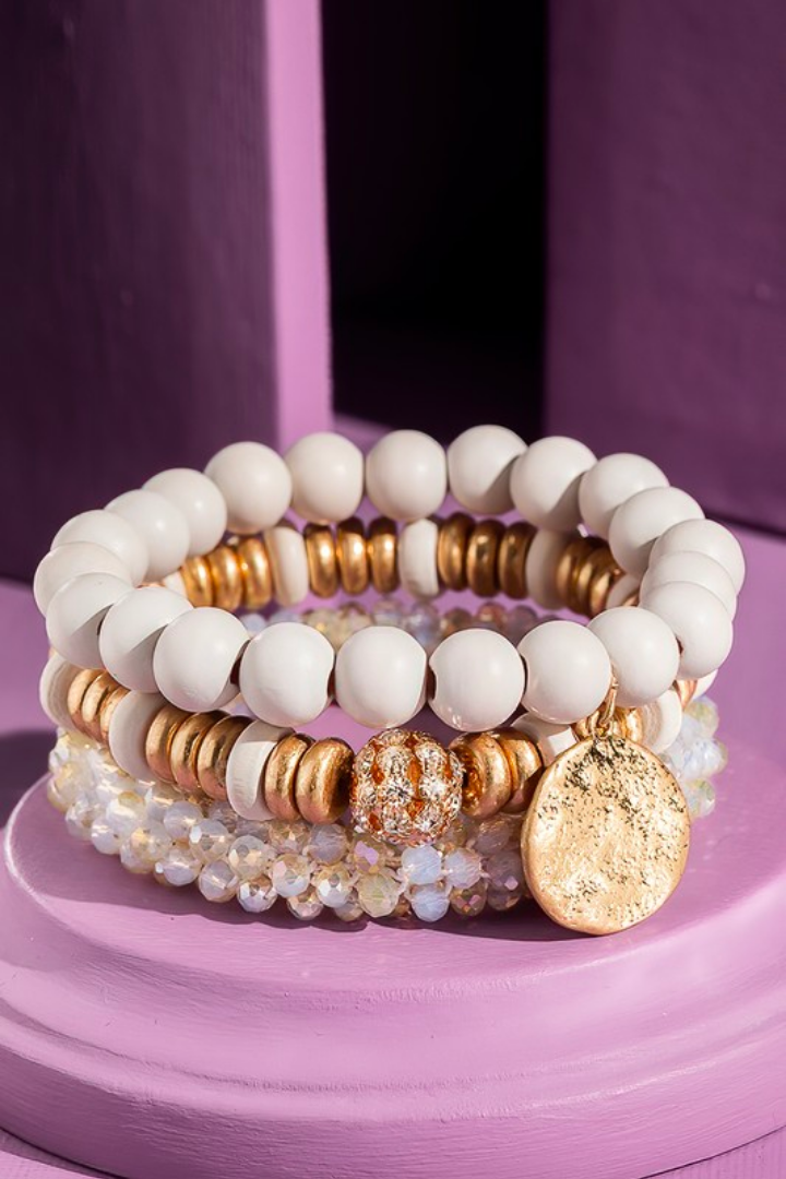 Ivory Bracelet Stack with Hammered Charm