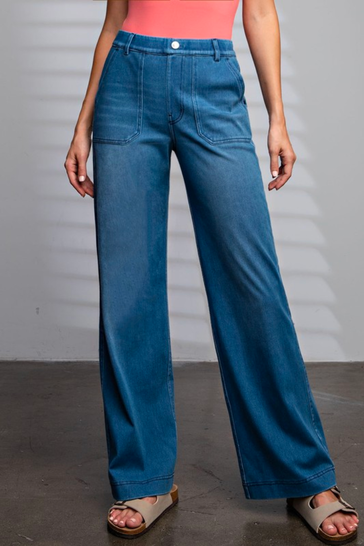 Denim Wide Leg Cotton Twill Pants