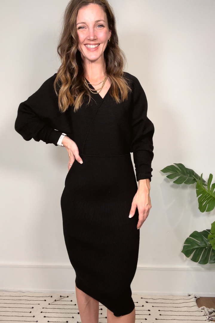 Faux Wrap Sweater Midi Dress