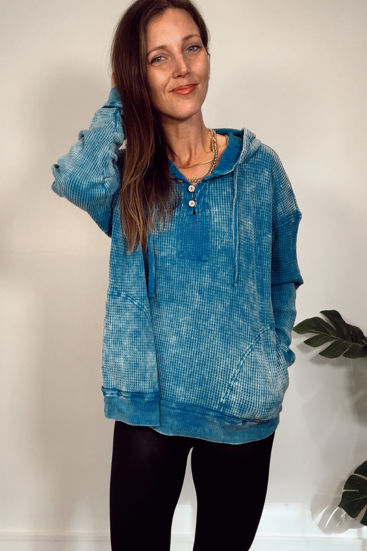 Ocean Blue Mineral Wash Waffle Hooded Top