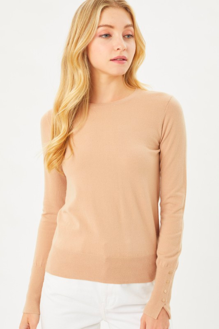 Khaki Button Cuff Fitted Sweater