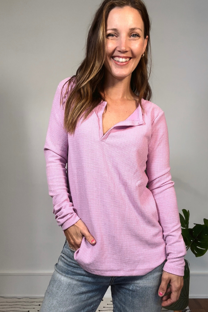 Mauve Waffle V-neck Long Sleeve Shirt
