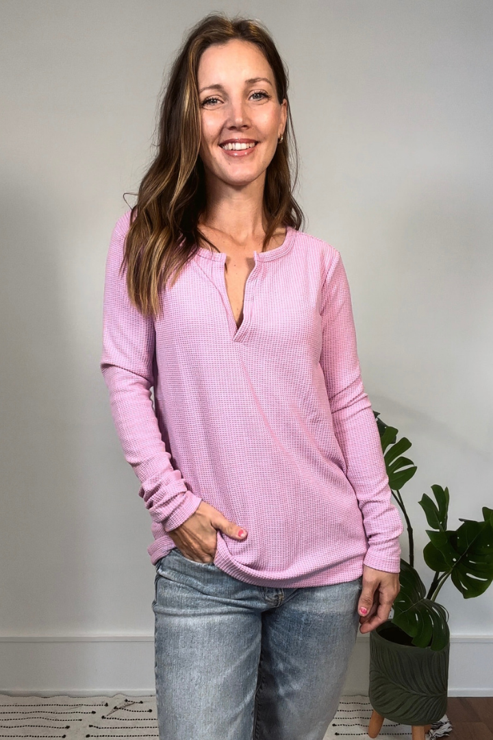 Mauve Waffle V-neck Long Sleeve Shirt