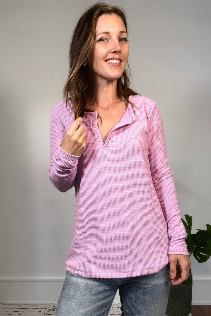 Mauve Waffle V-neck Long Sleeve Shirt