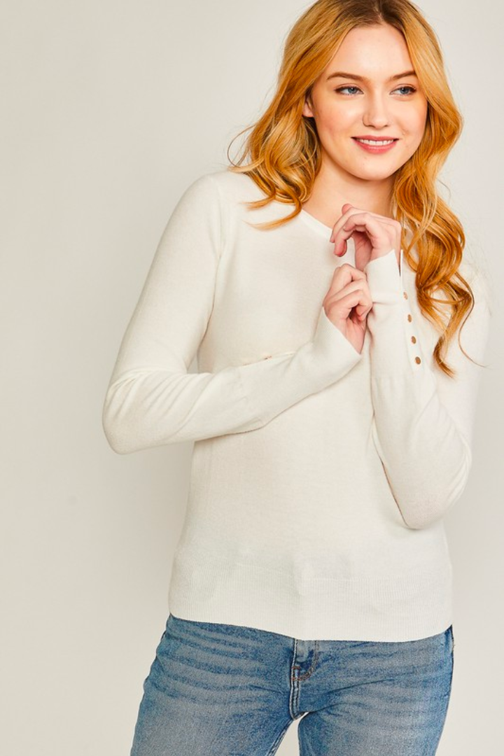 Ivory Button Cuff Fitted Sweater