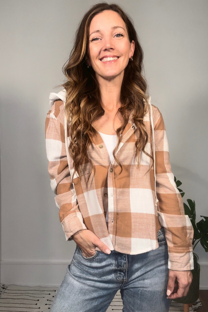 Camel Plaid Hooded Shirt