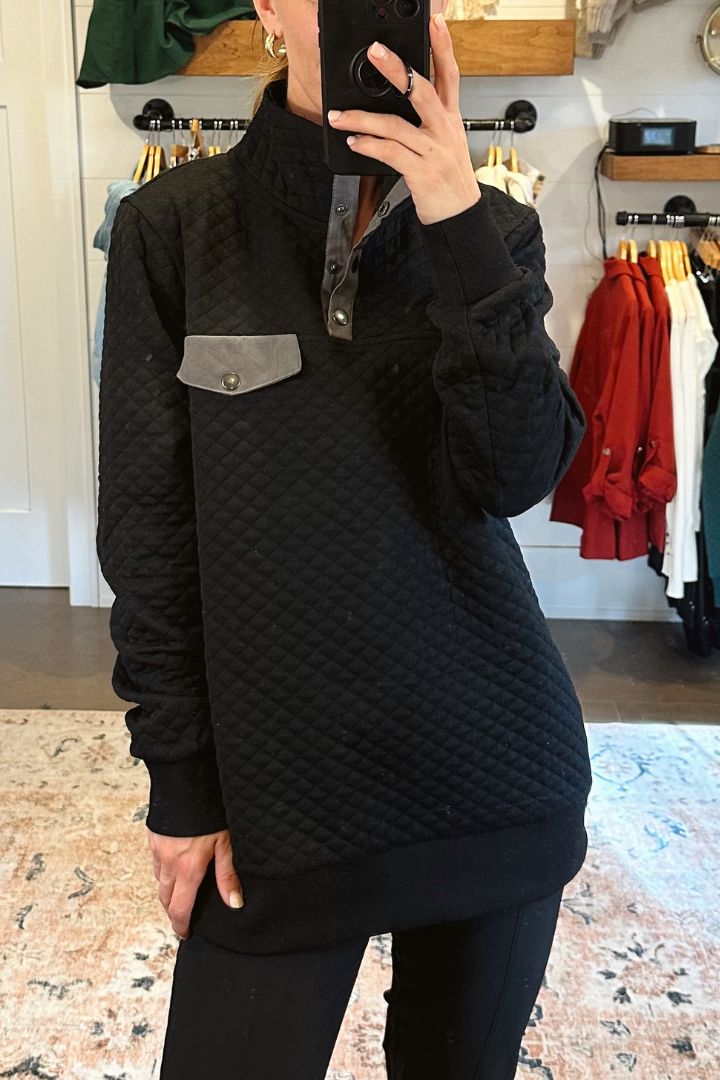 Black Quilted Half Snap Pullover