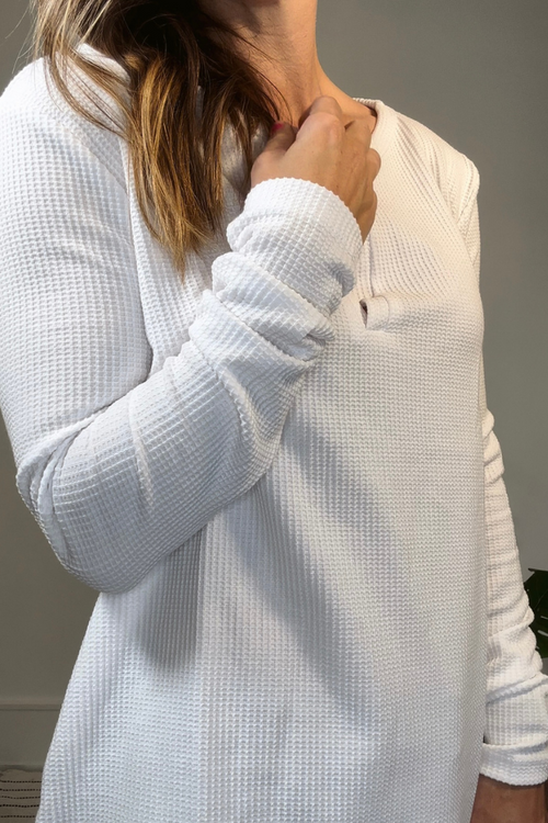 White Waffle V-neck Long Sleeve Shirt