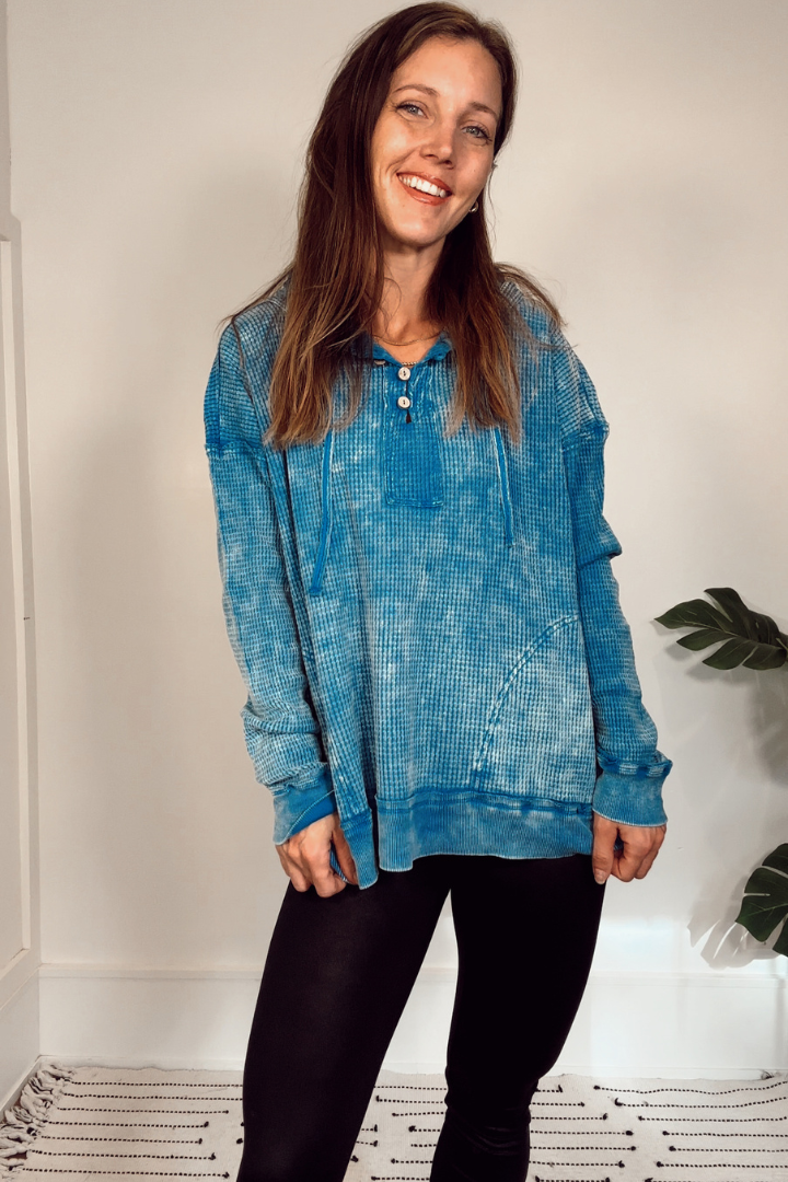 Ocean Blue Mineral Wash Waffle Hooded Top
