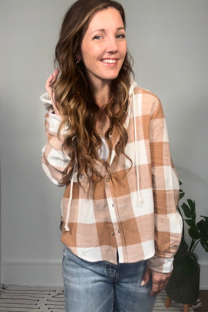 Camel Plaid Hooded Shirt