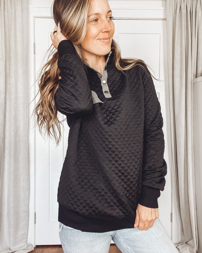 Black Quilted Half Snap Pullover